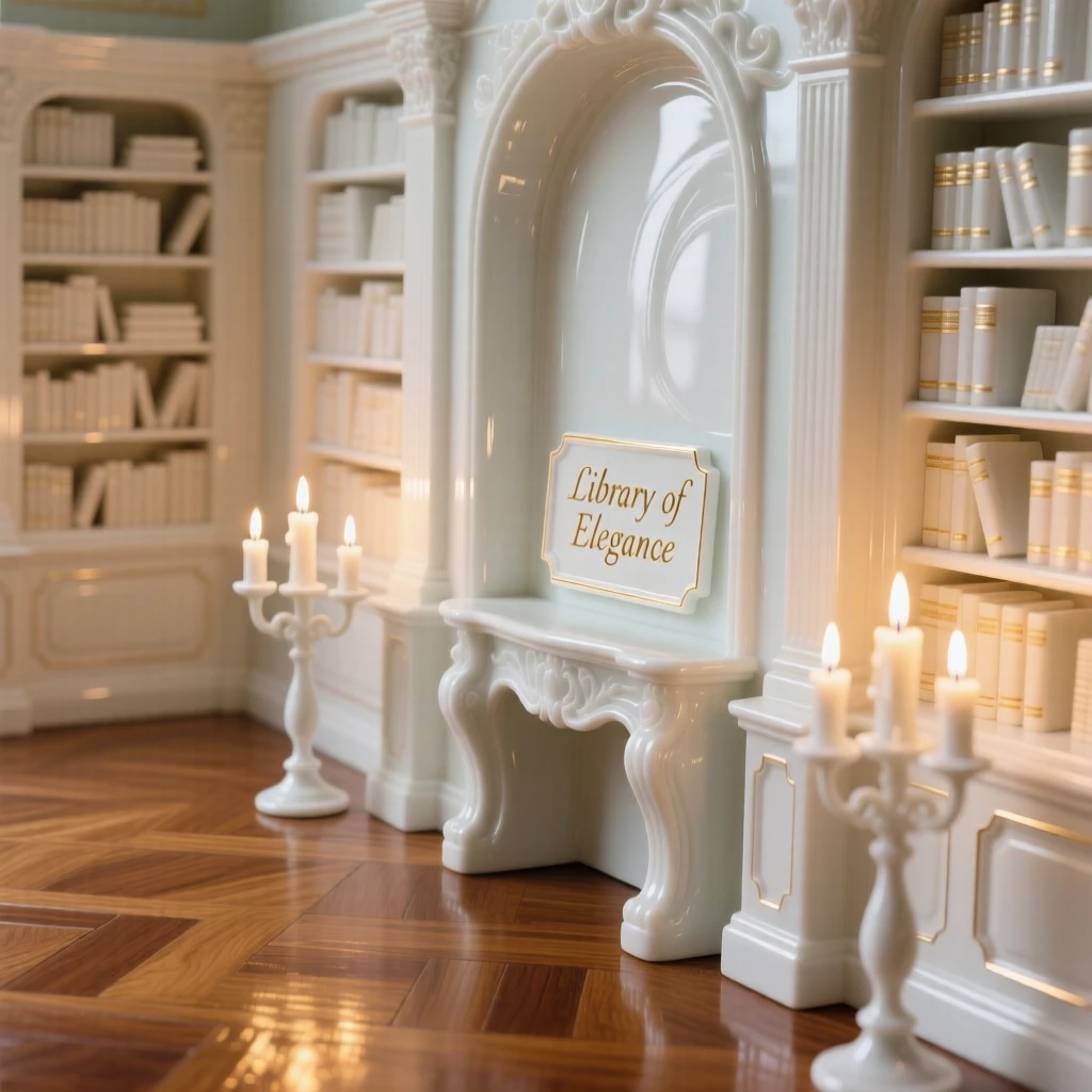 The ornate interior of a candlelit library, polished floors reflecting golden light.