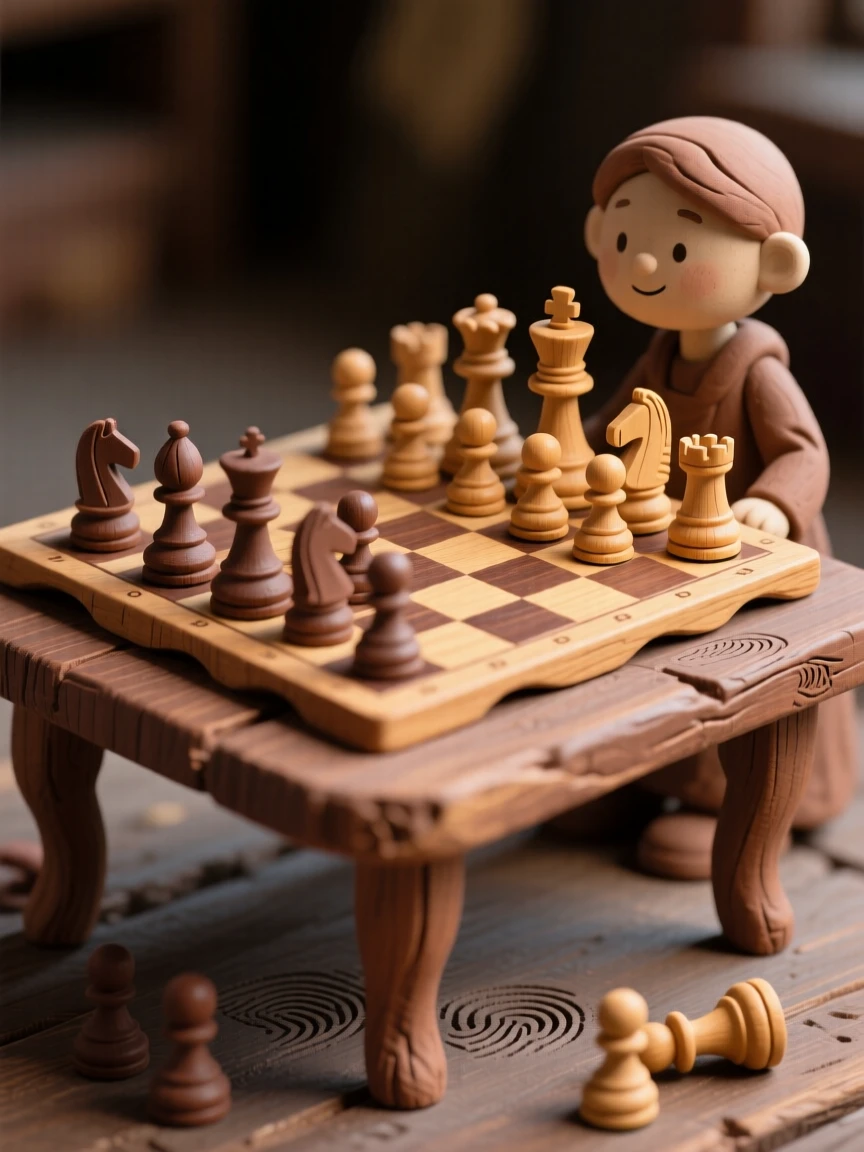 A hand-carved wooden chess set mid-game on a small table