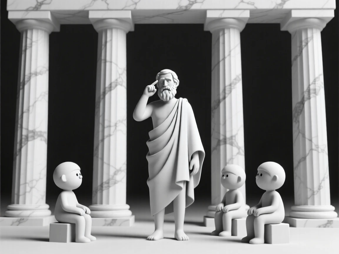 An ancient Greek philosopher gestures thoughtfully while lecturing a small group of students beneath tall marble columns.
