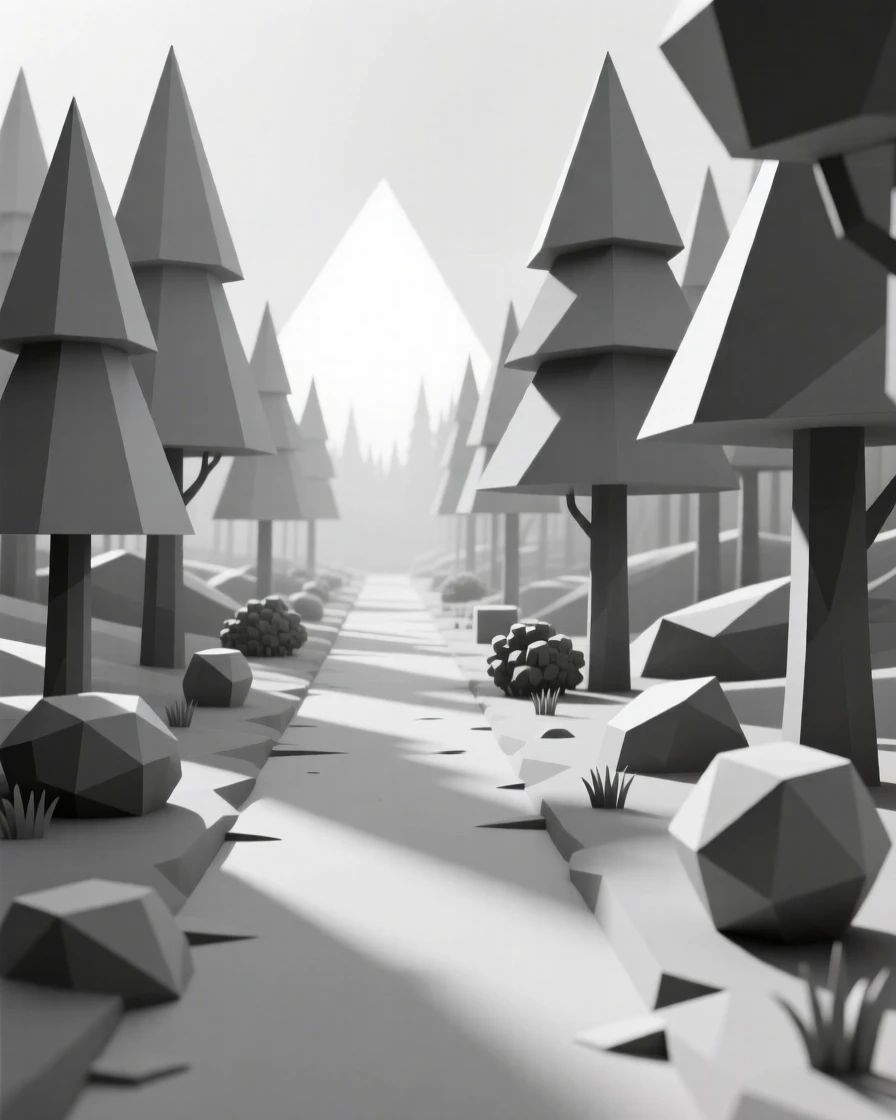 A quiet forest path dappled with sunlight, as the sun begins to rise. layers of color create a striking sense of depth. The scene feels vast and awe-inspiring.