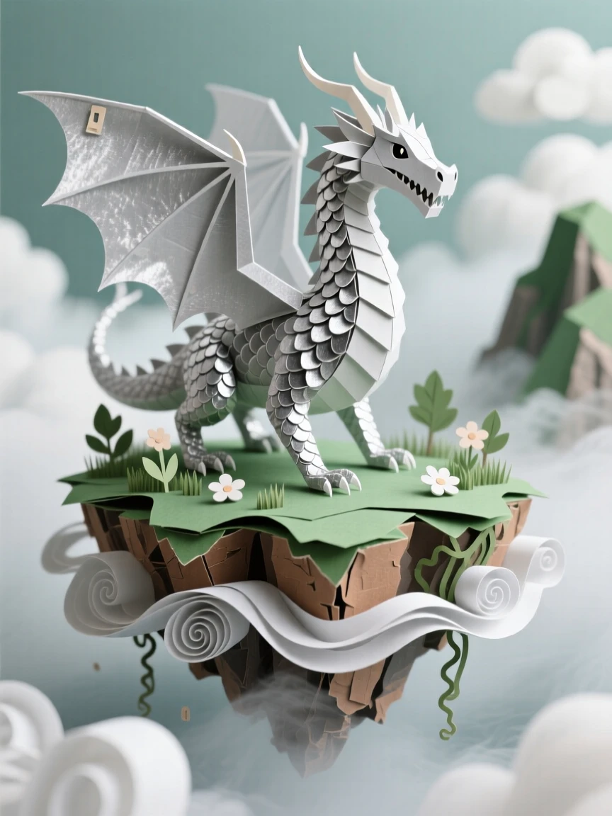 A silver-scaled dragon exploring a floating island in the clouds, with swirling mist wrapping around the scene, evoking otherworldly beauty.