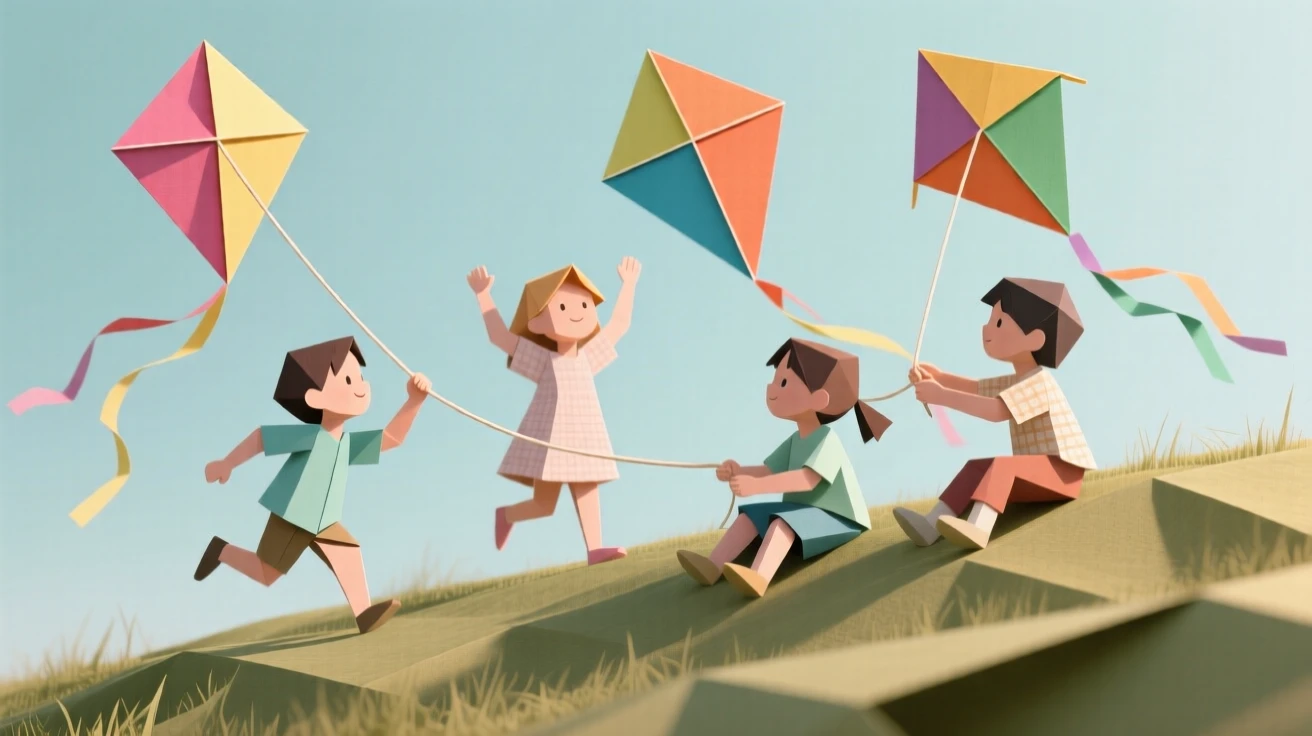A group of children flying colorful kites together on a breezy hilltop.