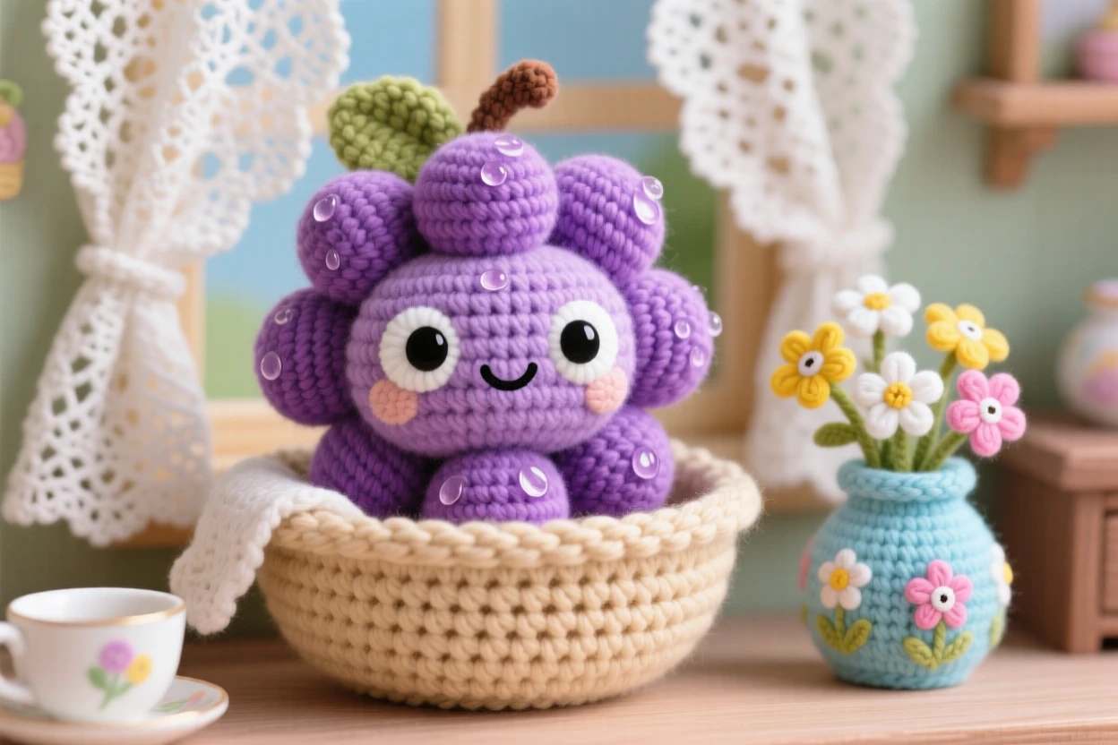 A delightful still-life of a round grape cluster character with a dewy purple sheen, draped over the edge of a fruit bowl within a charming tea room with lace curtains; a small vase of wildflowers on the table nearby, full of bright, appetizing cheerfulness.