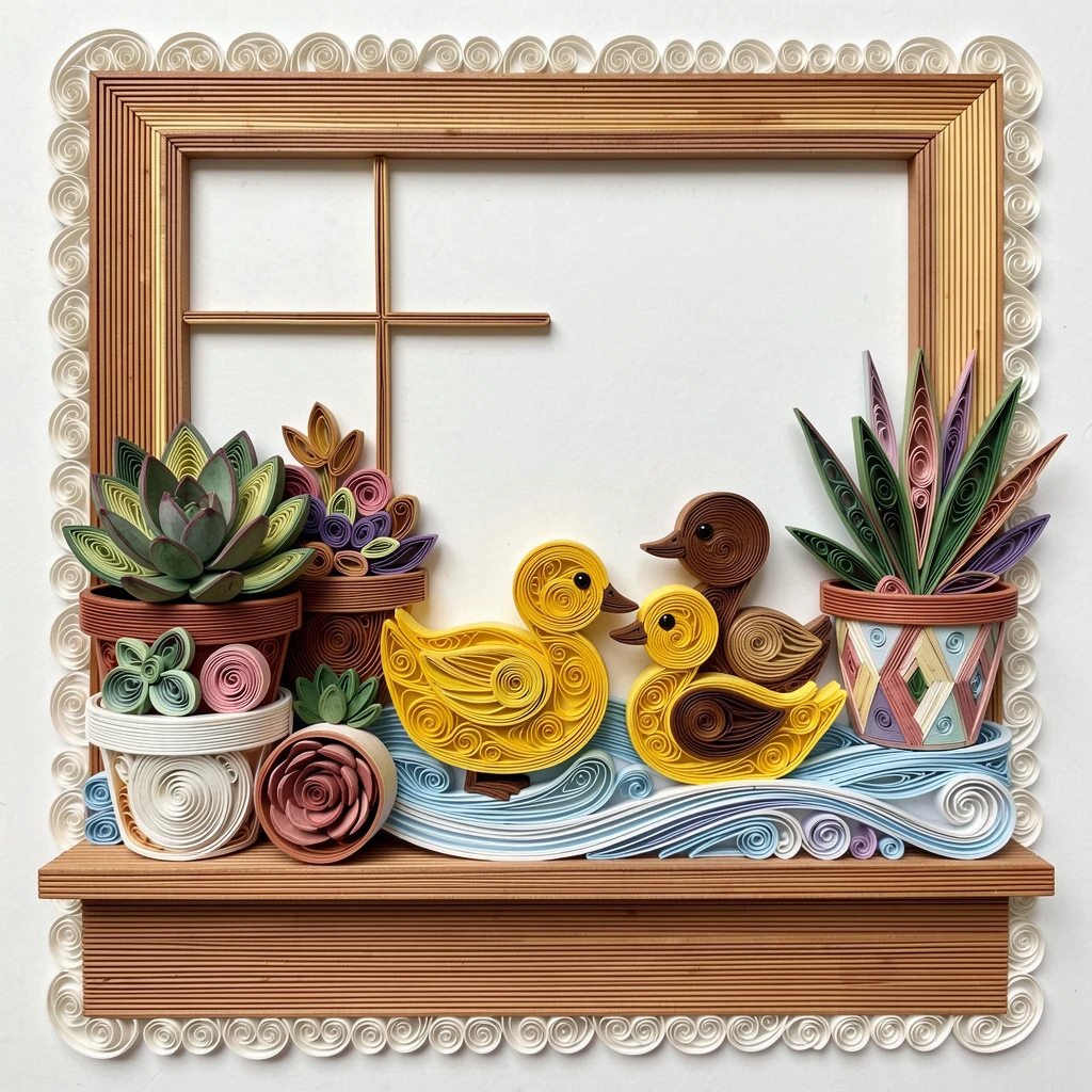 a duckling family paddling in a neat row on a windowsill lined with potted succulents, with delicate lace-like texture along the edges, arranged with the subject slightly off-center for balance.