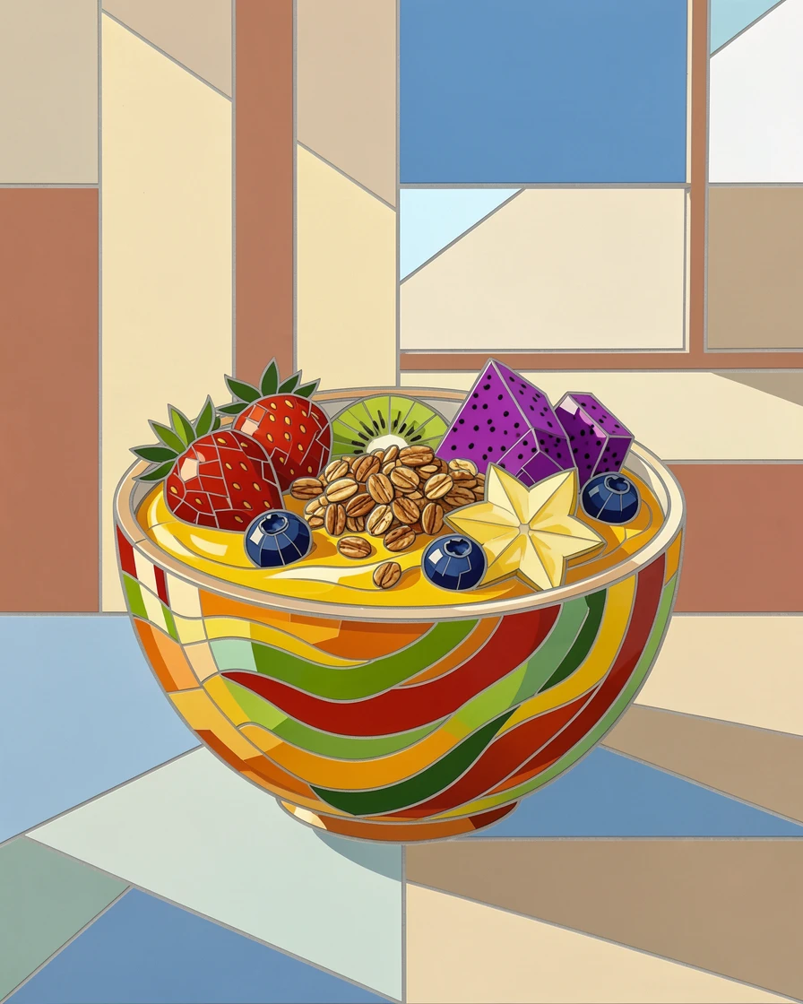 A colorful bowl of fresh tropical smoothie topped with granola and fruit, styled beautifully with warm natural window light.