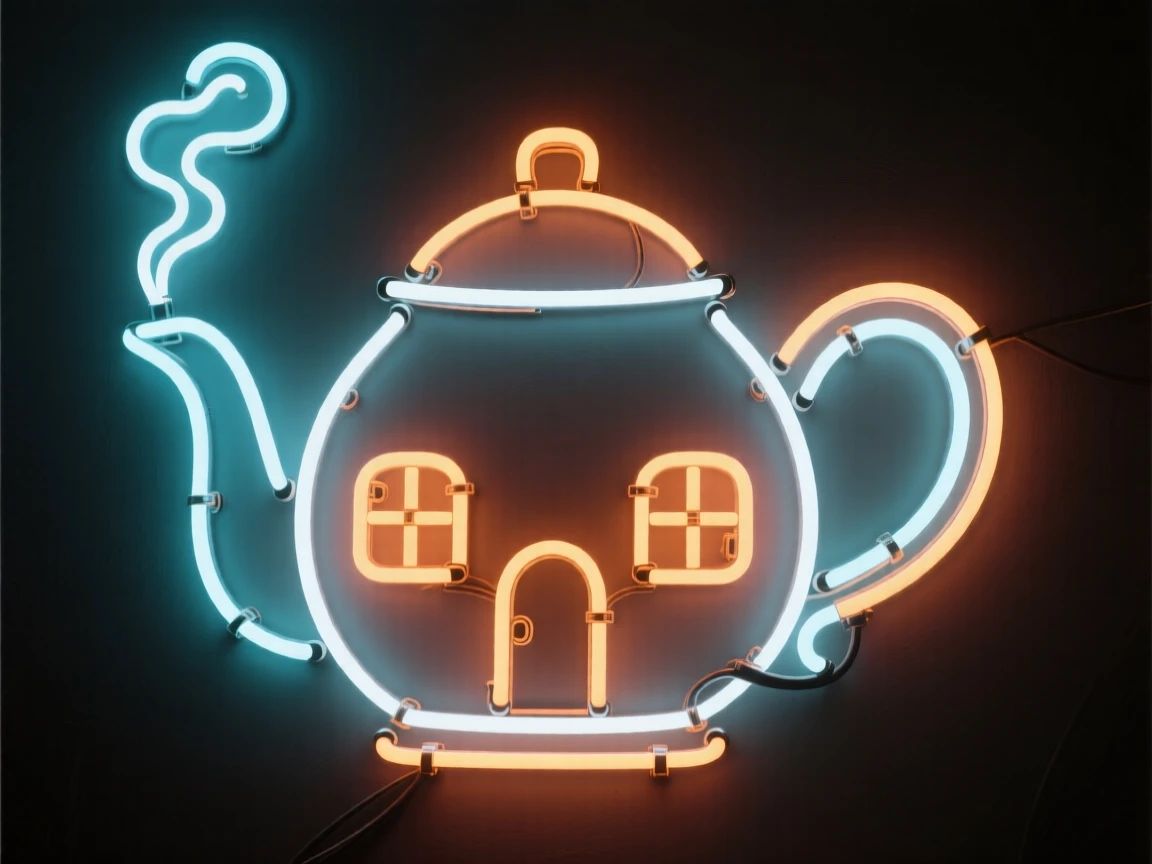 A teapot shaped like a tiny cottage with smoke curling from its spout.