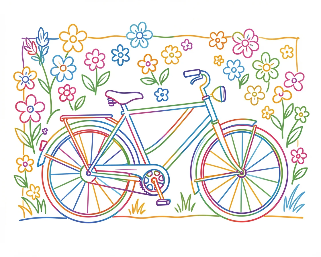 A vintage bicycle leaning against a flower-covered garden wall.
