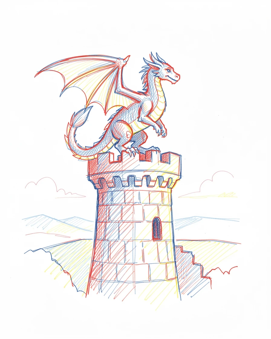 A dragon perched atop a crumbling castle tower at twilight