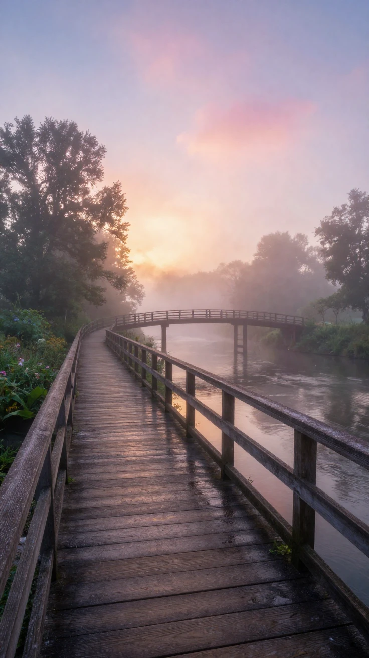 A misty bridge crossing a river at dawn