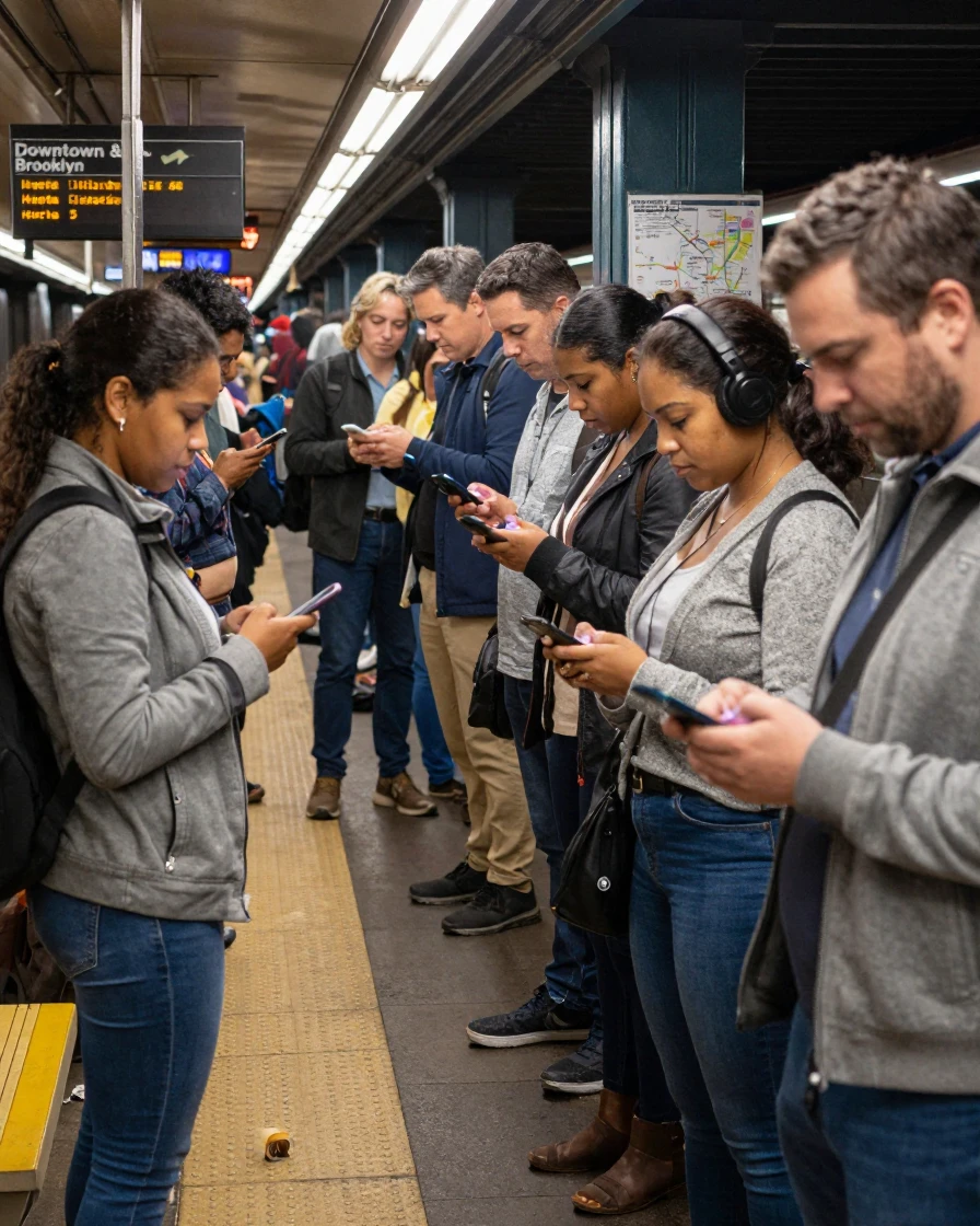 A group of commuters checks phones while waiting on a crowded subway platform.
