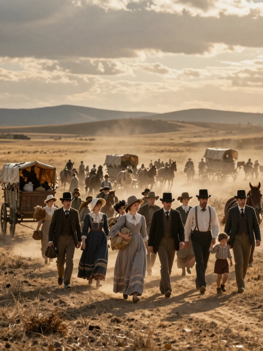 A crowd of Victorian era townsfolk traveling across a vast and dusty plain