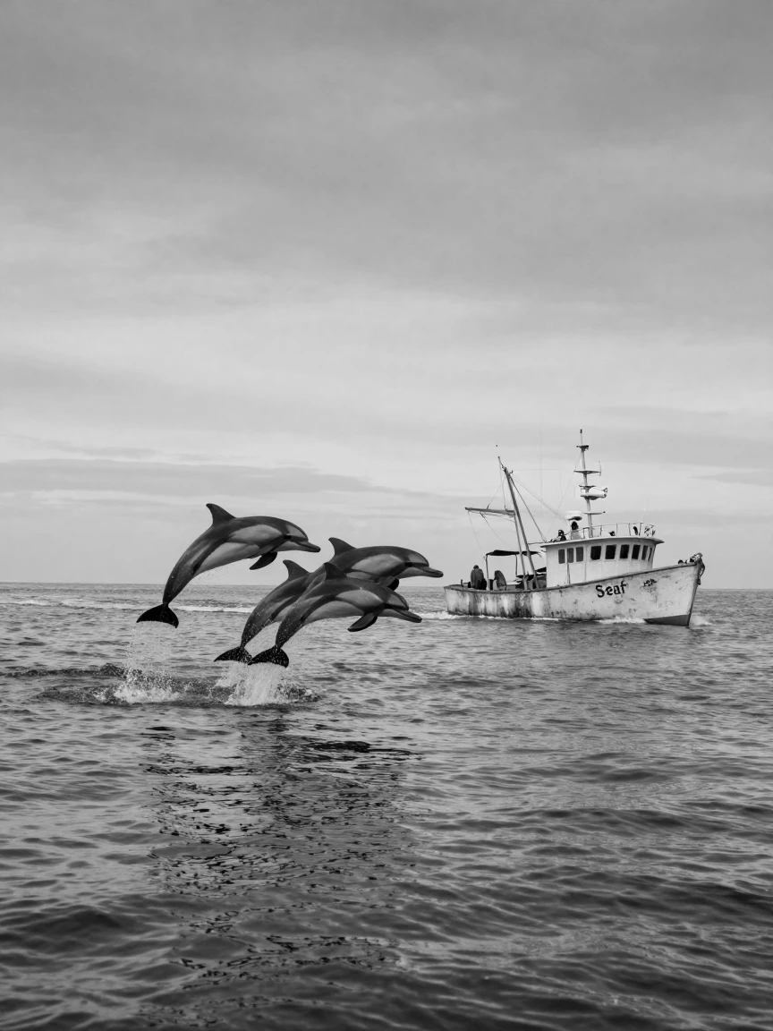 A pod of dolphins leaps in unison beside a fishing boat in the open ocean.