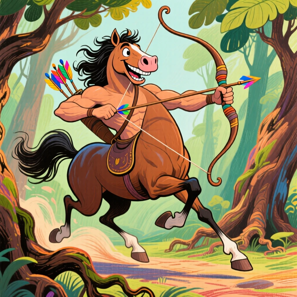 A centaur galloping through an ancient forest, bow slung across its back.