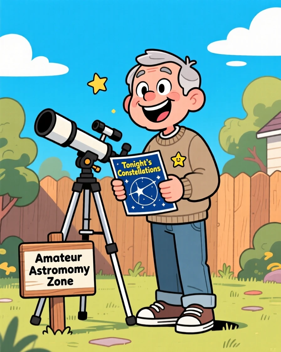 An everyday-life snapshot of an amateur astronomer, grinning at a small but satisfying success, on a quiet weekend afternoon.
