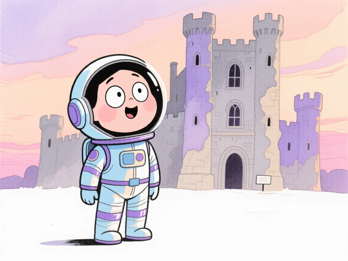 A space explorer standing before an ancient castle at dusk