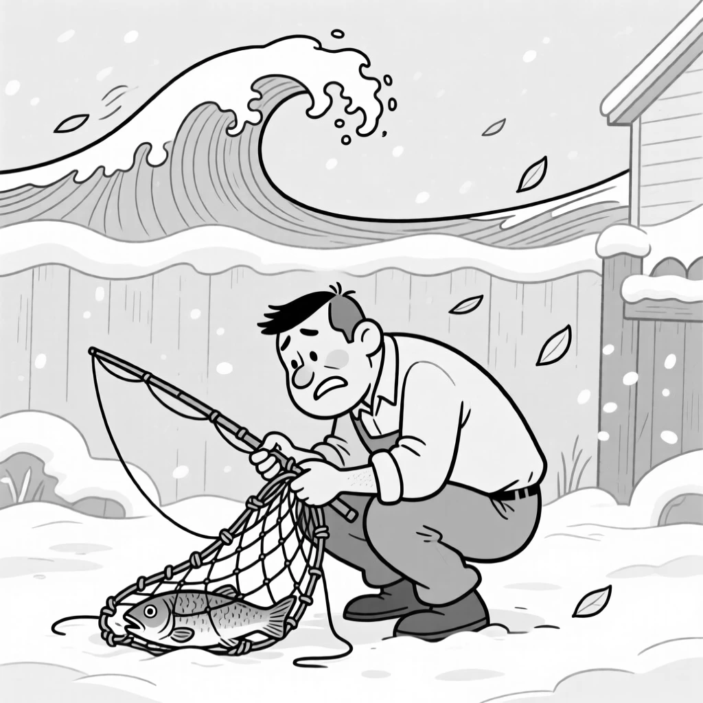 A fisherman untangling a hopelessly knotted net, crouching low as the wave curls overhead, set in a snow-covered front yard. A gentle breeze sends more leaves fluttering down. There's a fresh, playful energy woven through the moment.