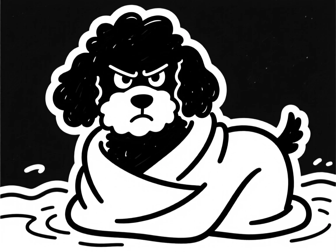 A poodle wrapped in a towel after a bath, looking grumpy but adorable.