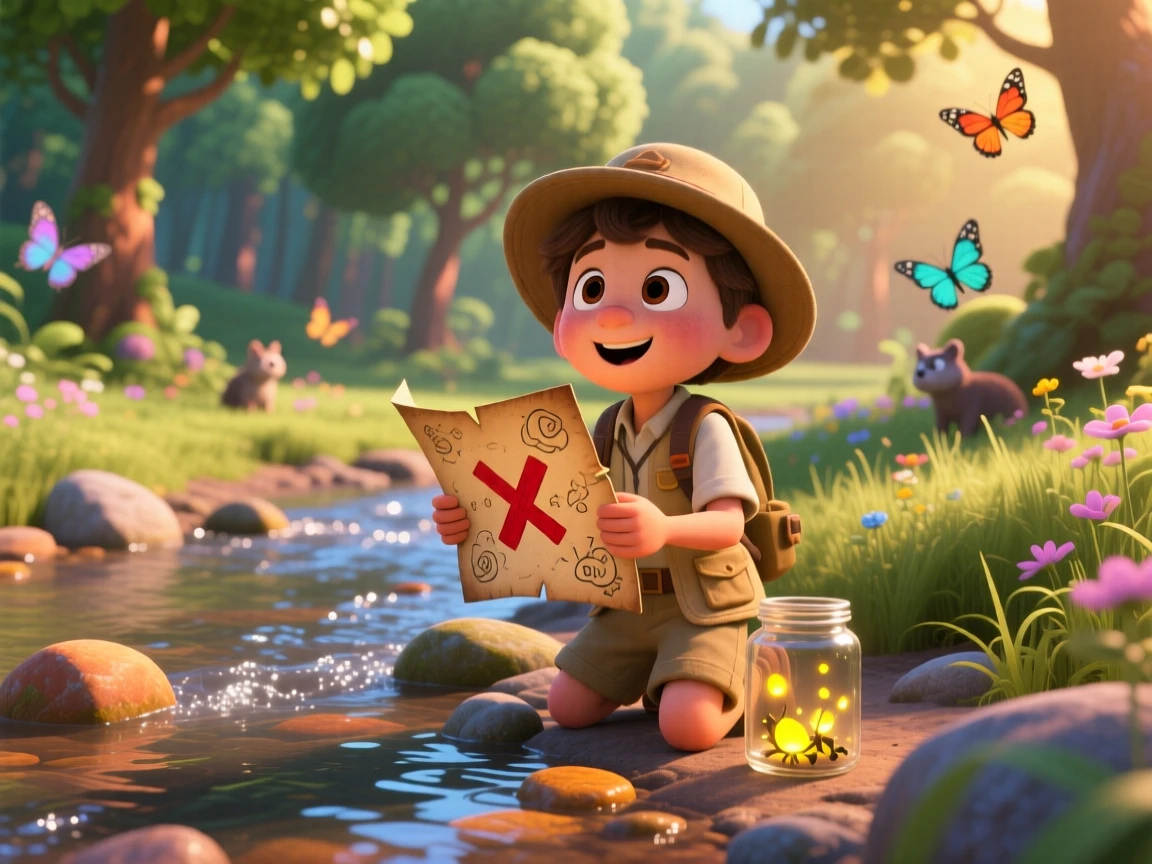 A young explorer following a hand-drawn treasure map takes place beside a babbling creek lined with smooth stones, with a jar of fireflies glowing softly. The mood is playful, curious, and full of imagination.