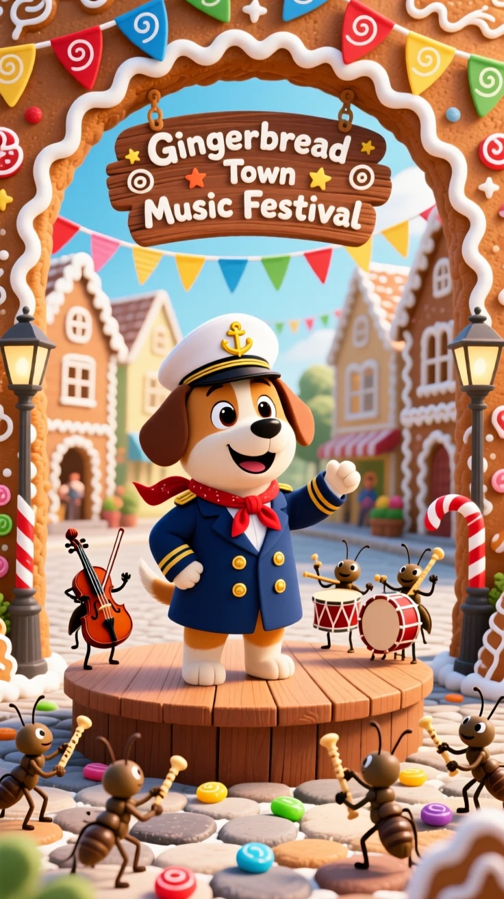 A dog dressed as a sea captain delights in conducting an orchestra of chirping crickets, tucked within a town square made entirely of gingerbread, with tiny flags fluttering in a light breeze.