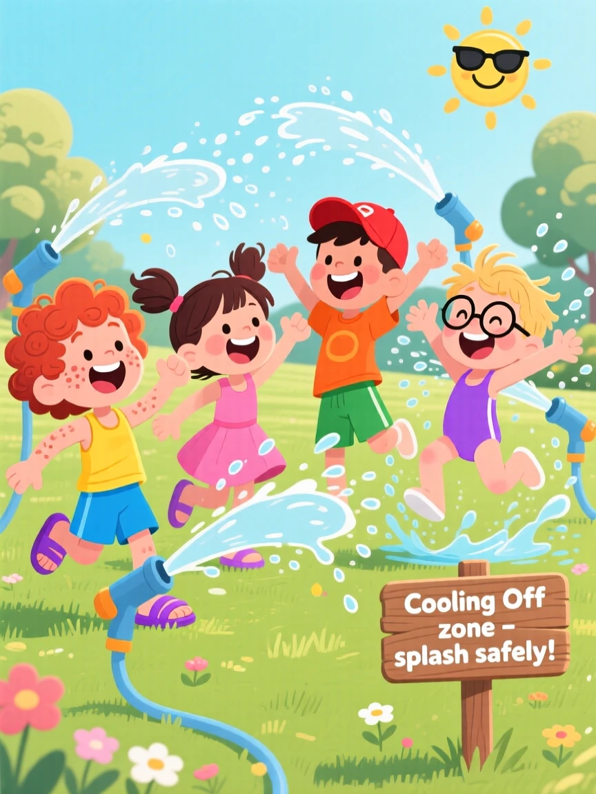 A group of kids splashing through sprinklers on a hot afternoon.