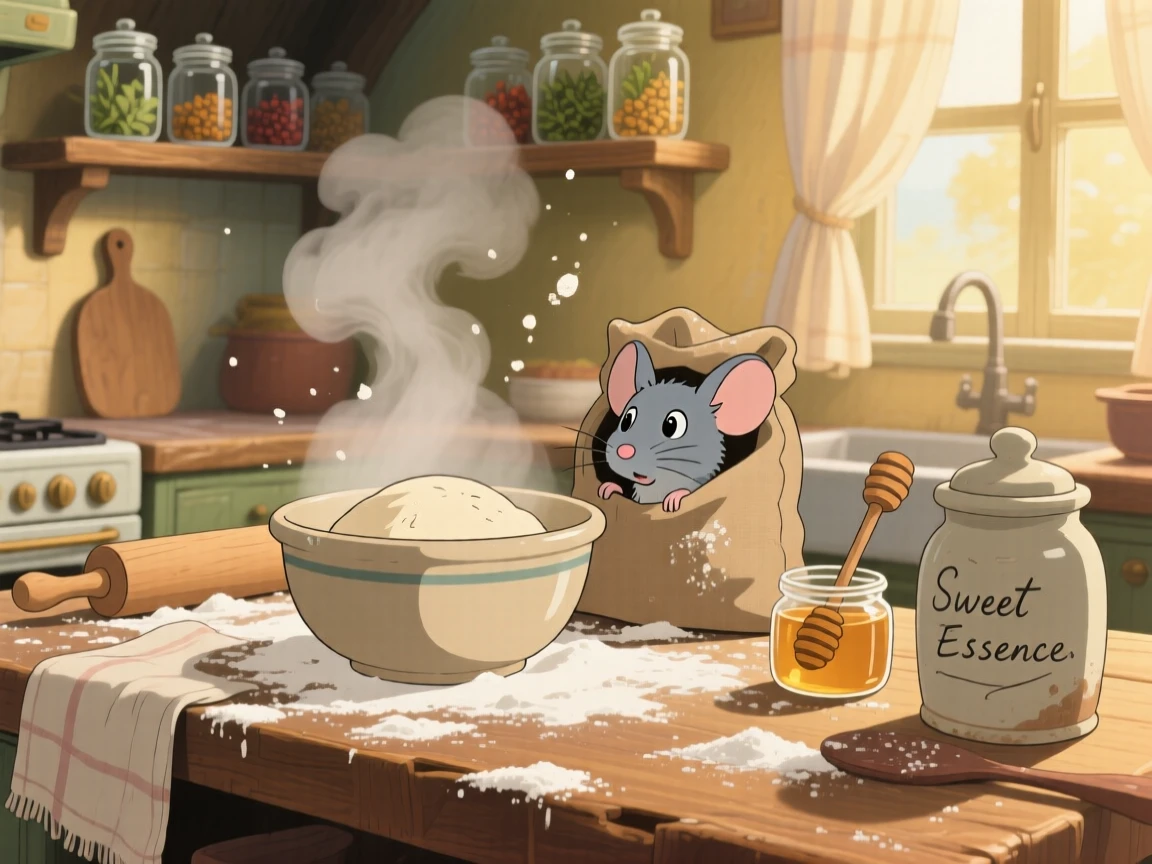 A warm, inviting scene of a kitchen counter dusted with flour mid-baking, as steam curls gently into the air.