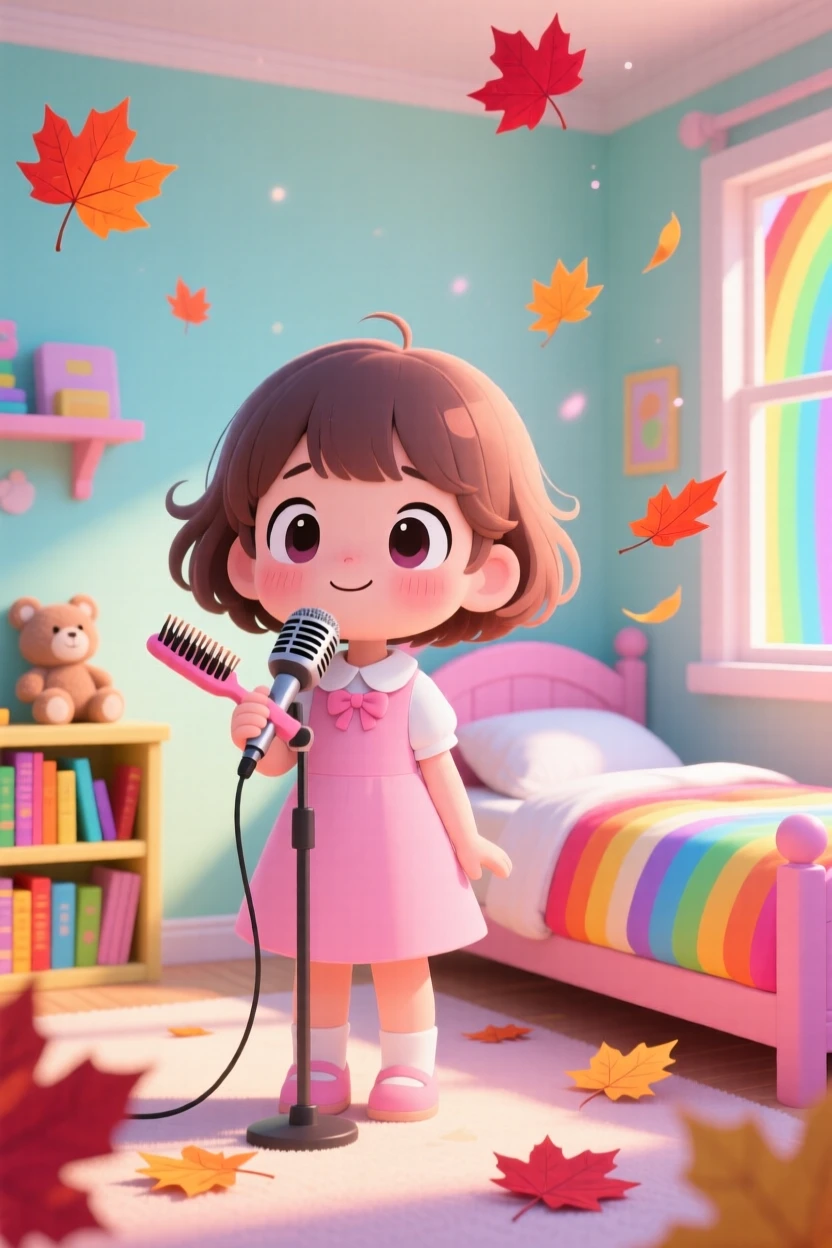 In a colorful bedroom, a small girl is singing into a hairbrush microphone with autumn leaves swirling around, bathed in bright rainbow-tinted light, expression full of shy bashfulness. Shot as a symmetrical front-on view.
