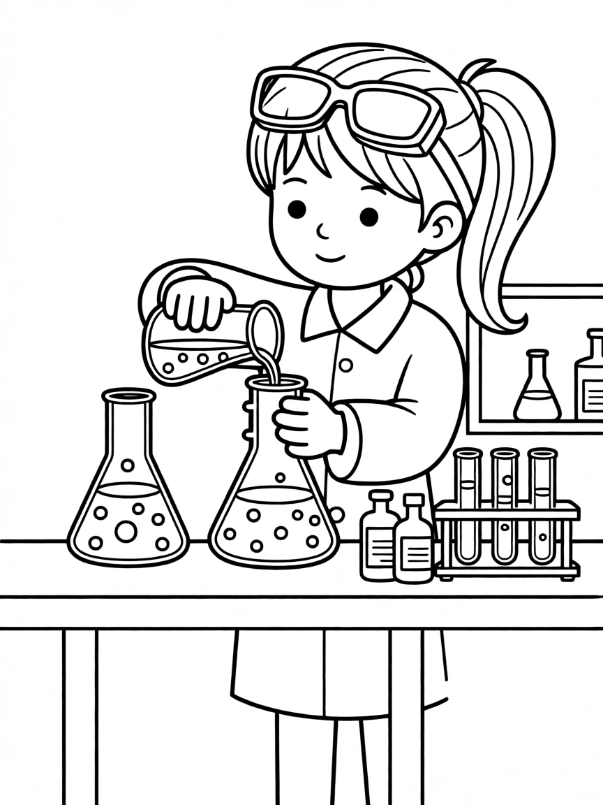 A young scientist mixing colorful liquids in beakers