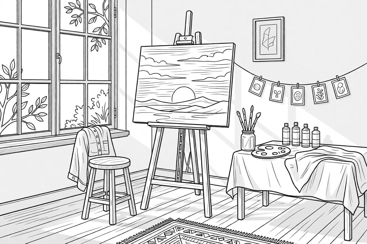An art easel with a half-finished painting of a sunset, with a window casting soft natural light over the scene.