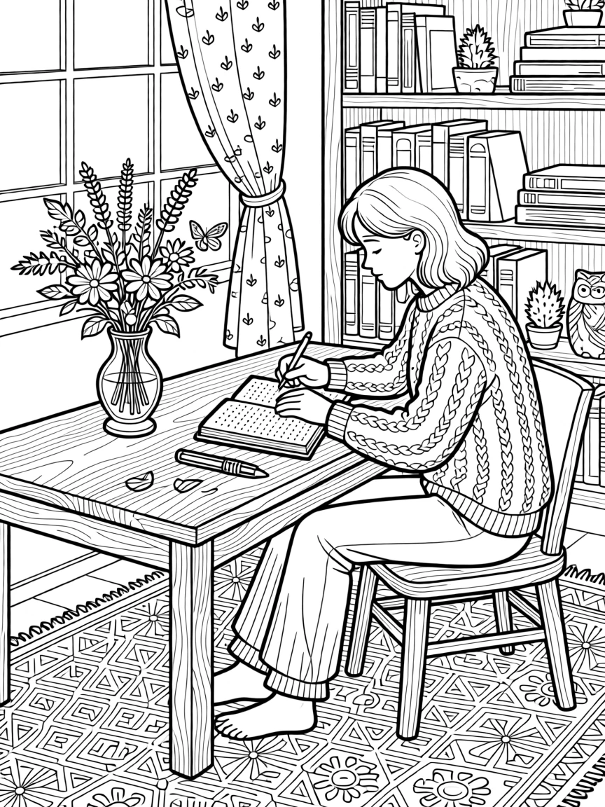 A person practicing gratitude journaling beside a bouquet of wildflowers.