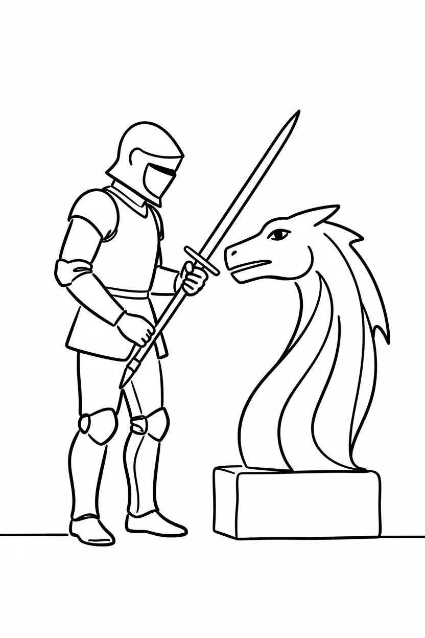A knight standing before an ancient stone dragon statue