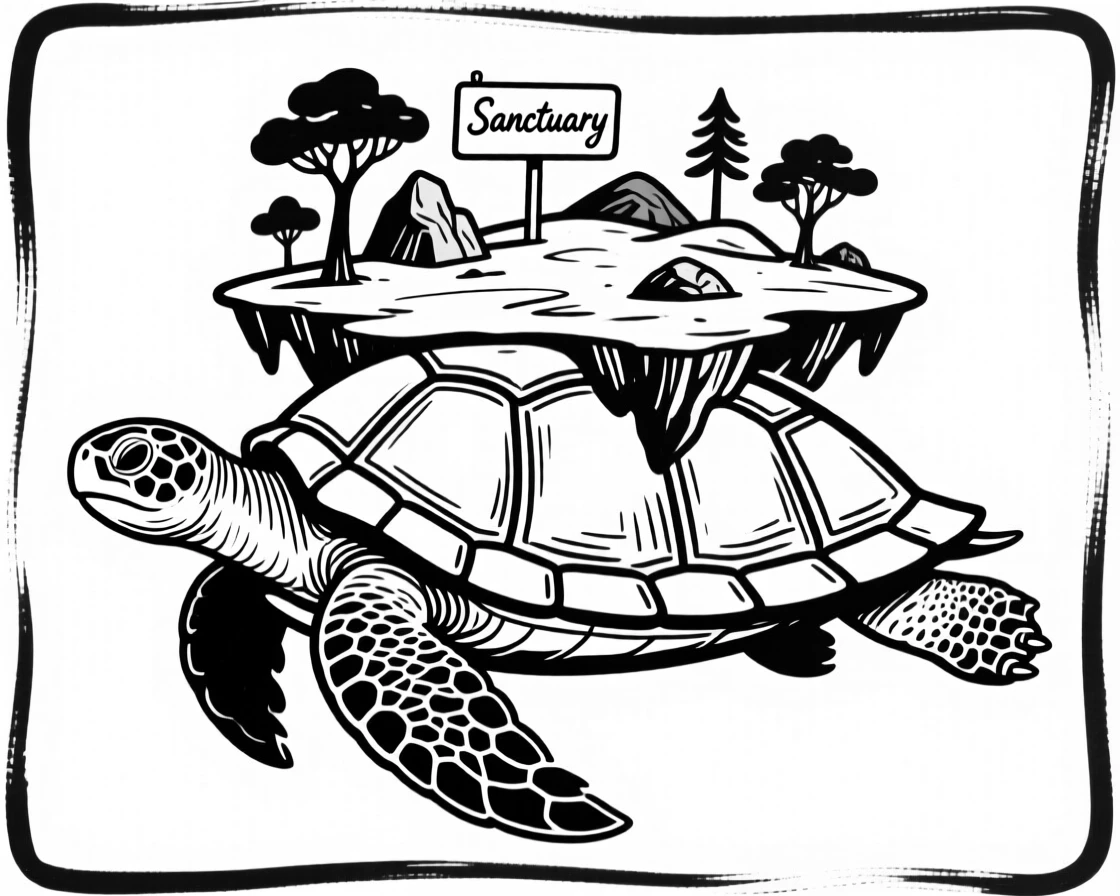A colossal turtle carrying an entire floating island ecosystem on its back.