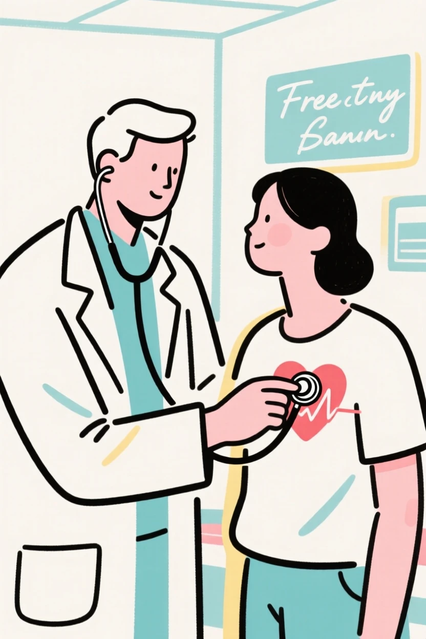 A doctor listening to a patient's heartbeat with a stethoscope.
