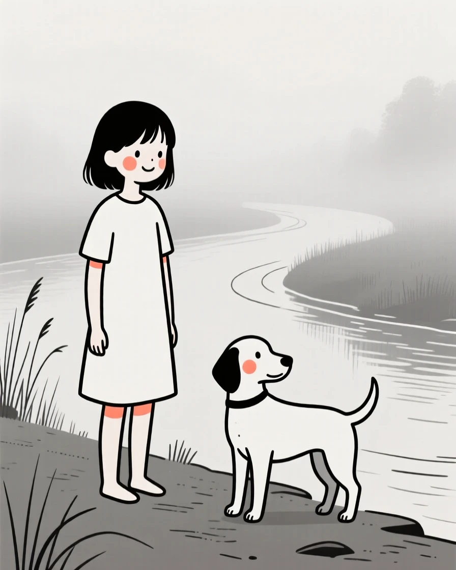 A teenage girl with a rescue dog, glowing with nostalgia, on a misty riverbank.