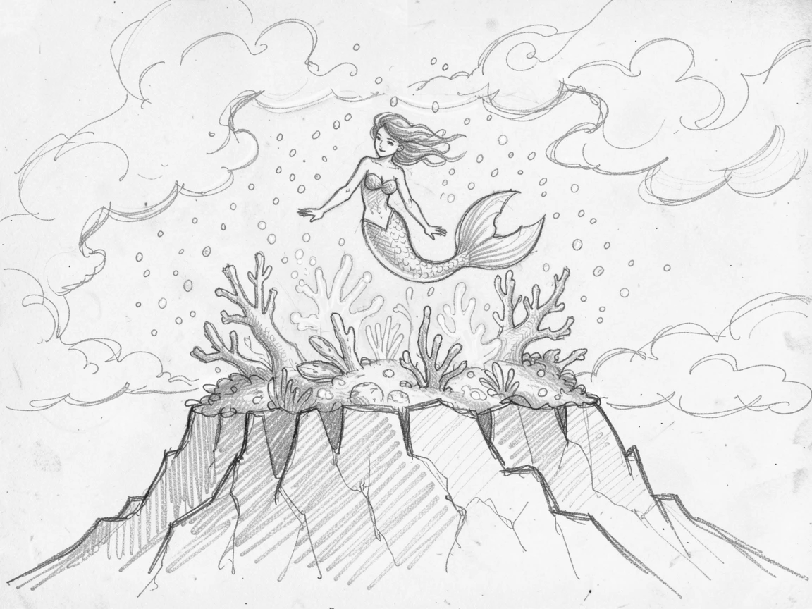 A magical, imaginative vision of a mermaid gliding through a bioluminescent reef atop a mountain pierced by clouds, with glowing spores floating like snow.