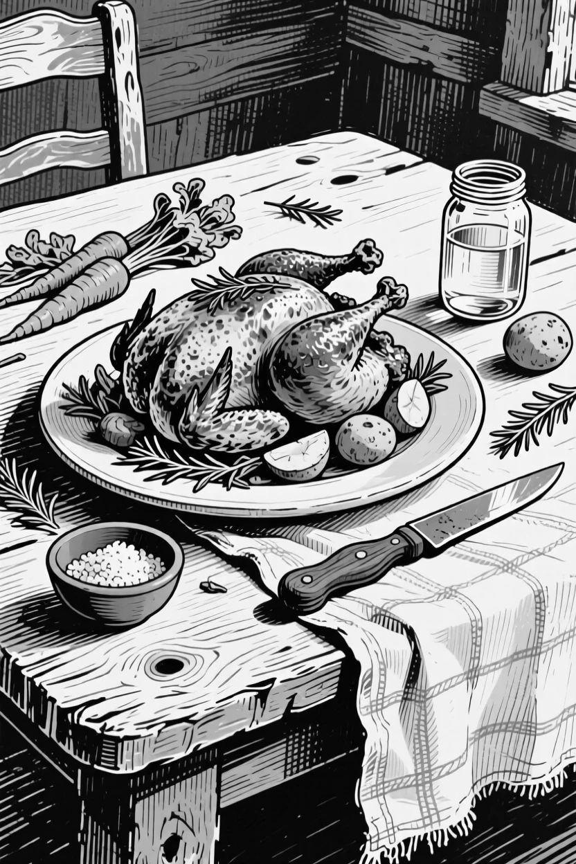 A rustic farmhouse table set with a roast chicken surrounded by vegetables.