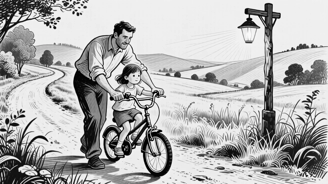 A father teaching his daughter to ride a bike on a quiet countryside road, with the glow of a nearby lamp softening the scene, creating a tender and sincere lifestyle scene.