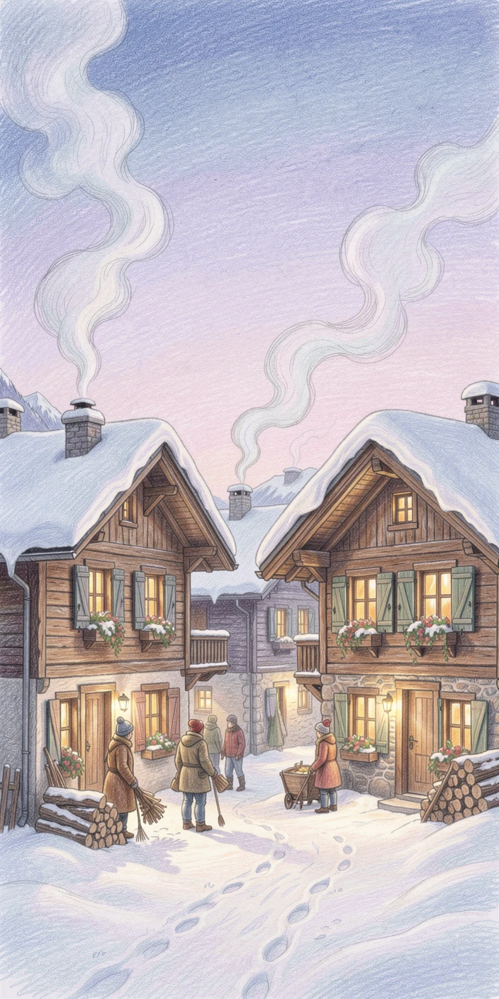 A snowy Alpine village with smoke curling from every chimney, captured in a quiet, intimate moment full of atmosphere, full of charm, emotion, and visual delight.