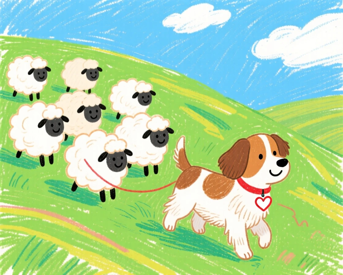 A shepherd dog guiding a flock of sheep down a hillside.