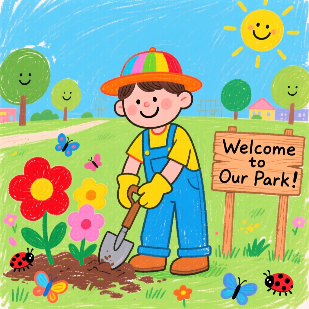 A gardener planting flowers in a community park.