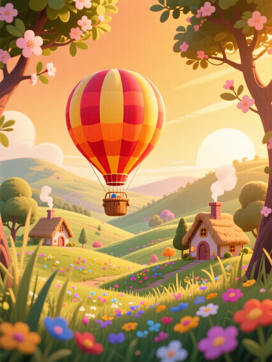 A hot air balloon drifting over a fairytale valley, under a warm golden afternoon sky, arranged with vibrant foreground elements framing the view, with a joyful, adventurous atmosphere.