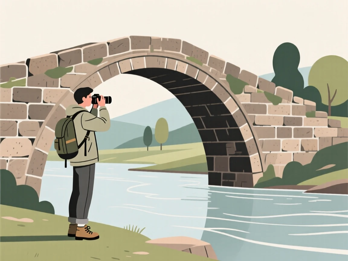 A traveler taking photos near an ancient stone bridge.