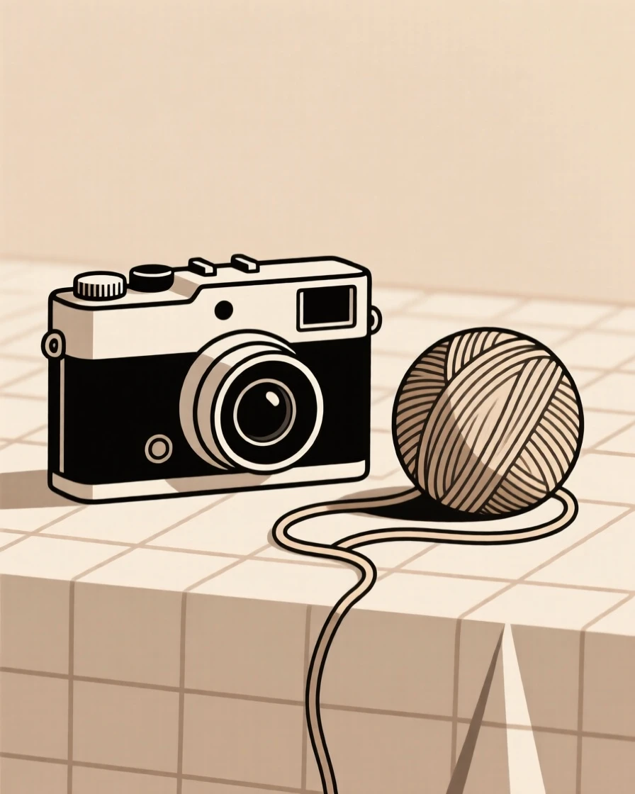 A close-up study of an old film camera placed beside a ball of yarn on a linen tablecloth, full of nostalgic charm.