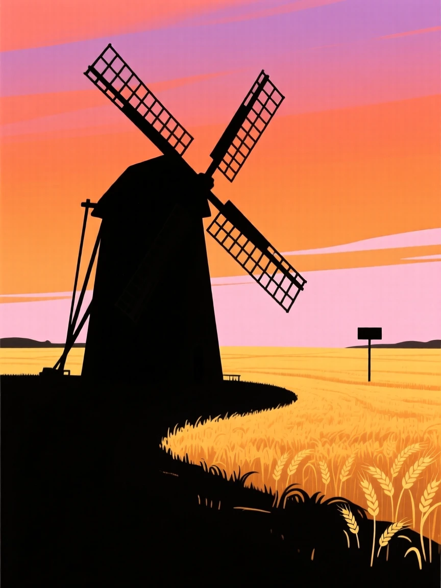 A single old windmill standing at the edge of a golden wheat field.