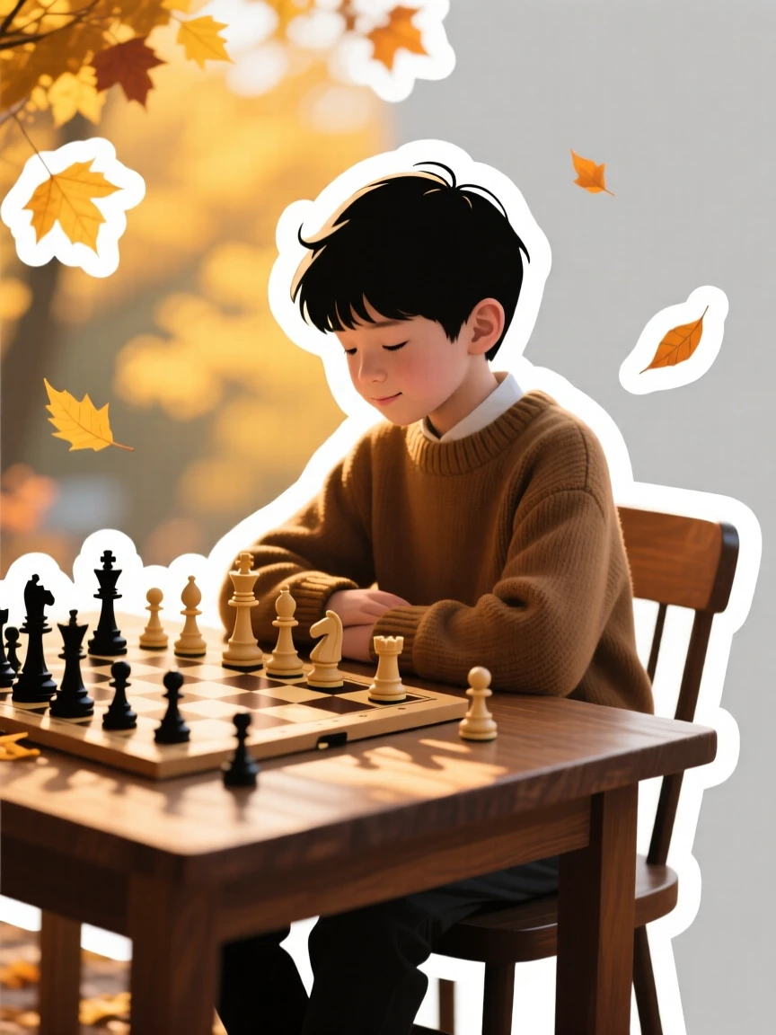 A peacefully immersed chess prodigy studying a board of pieces, with a look of quiet satisfaction, during a golden autumn afternoon.