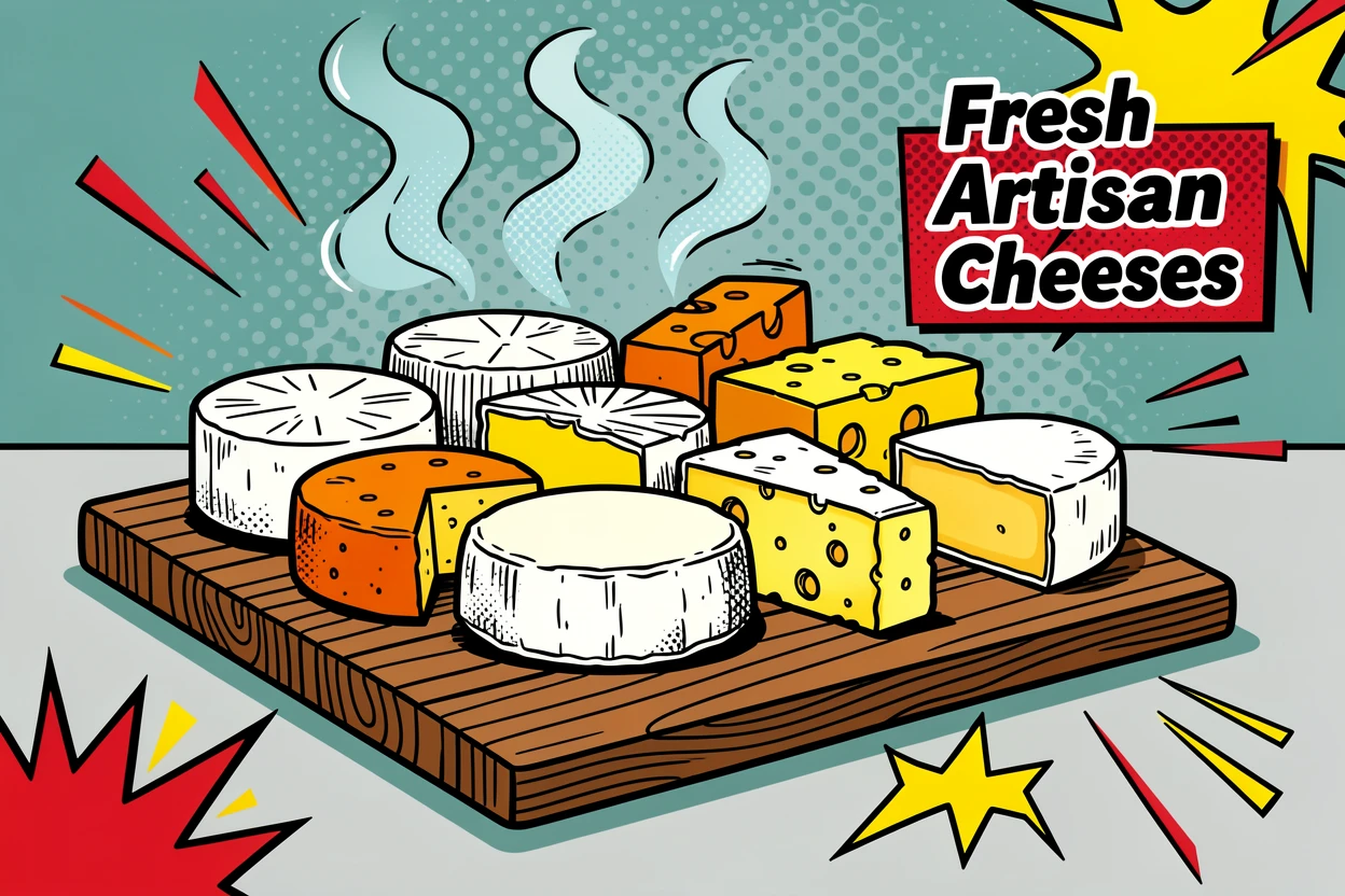 A display of artisan cheeses on a wooden board steaming warmly on a cozy kitchen counter