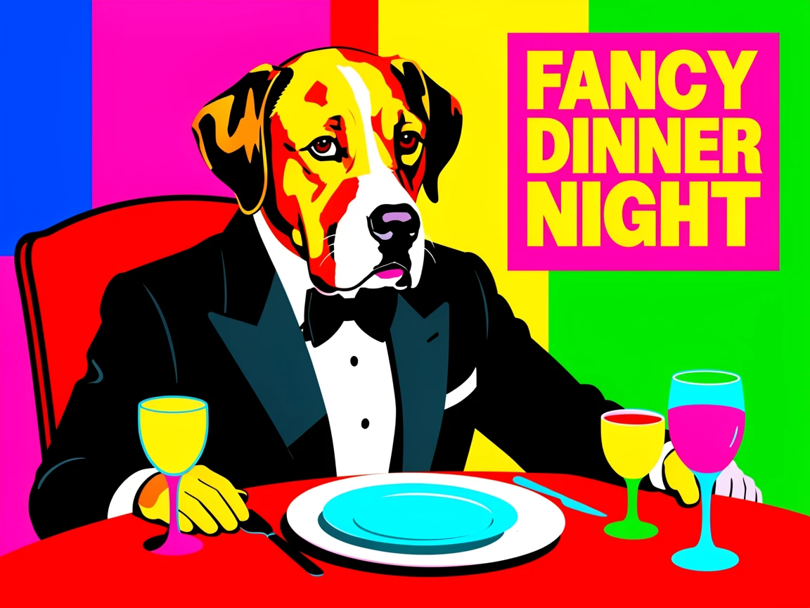 Dog wearing a tuxedo at a fancy dinner