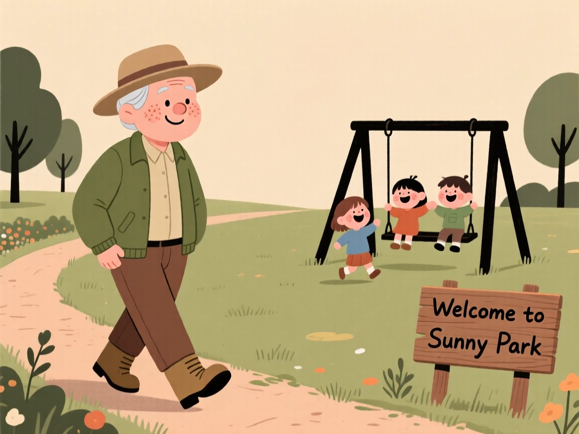 A elderly gardener pauses mid-walk home to watch children laughing in a nearby park, a small smile crossing their face at the simple beauty of it.
