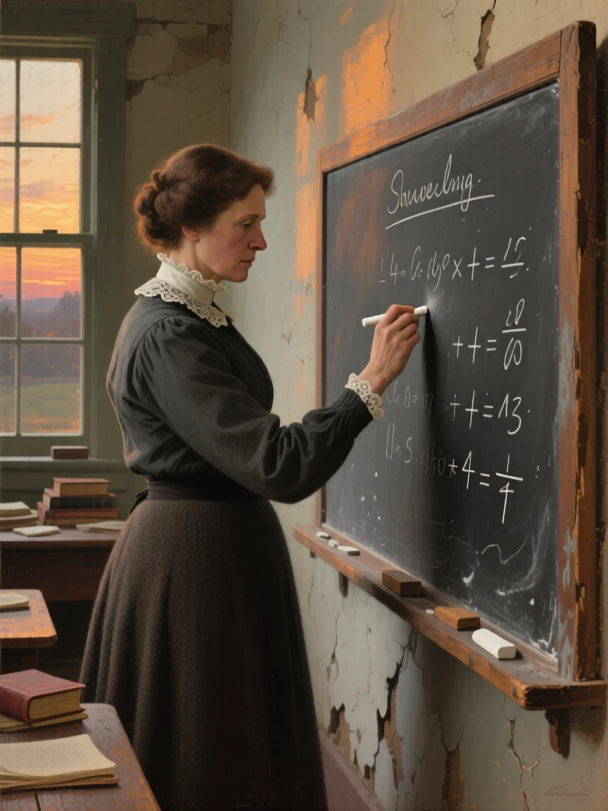 An intimate close-up of a schoolteacher writing on a chalkboard in a one-room schoolhouse, at twilight, in the Edwardian era.