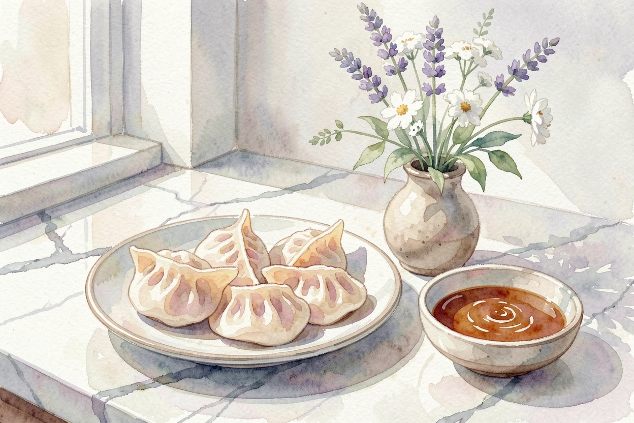 A plate of dumplings with dipping sauce on a marble countertop with a small vase of flowers nearby.