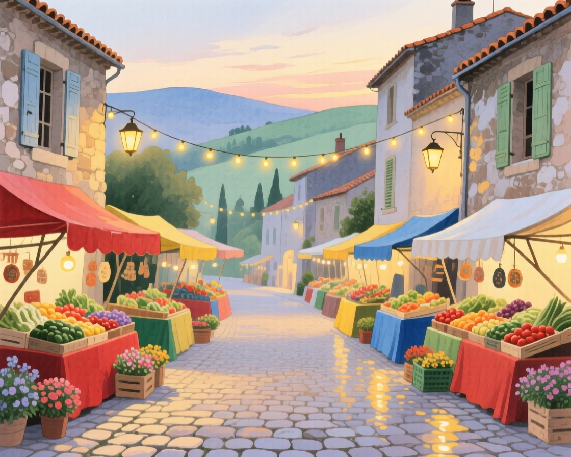 A picturesque view of a French countryside village with colorful market stalls lining the street, as evening lights begin to glow
